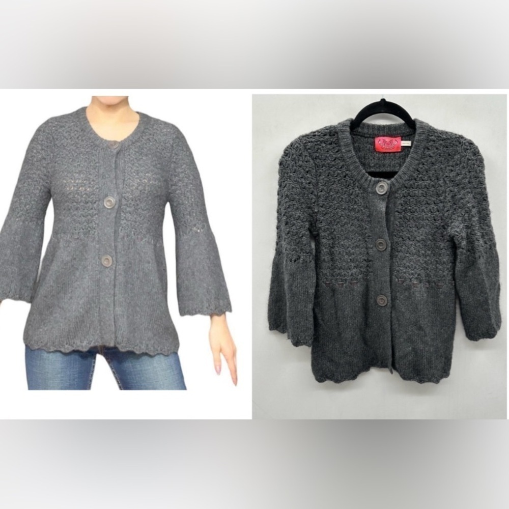 VINTAGE Y2K JUICY COUTURE SP grey knit woman bell sleeve crochet knit cardigan